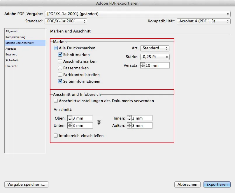 InDesign Marken und Anschnitt