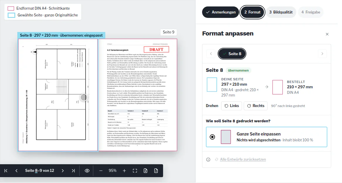Druckdatencheck im Schritt Format: Buchansicht mit einer um 90° gedrehten Querformatseite, rechts das Bedienfeld zum Drehen und Einpassen der Seite